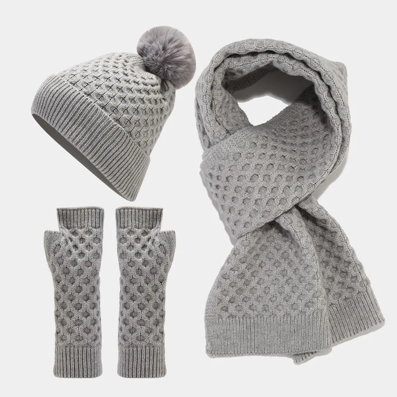 Custom logo winter warm pom beanies acrylic solid color scarf, hat & glove sets women