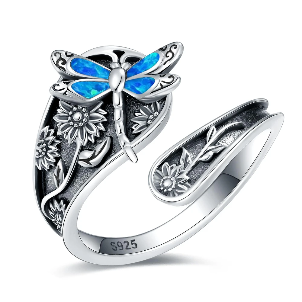 925 Sterling Silver Opal Spoon Ring Vintage Adjustable Sunflower and Dragonfly with Opal Spoon Ring Boho Antique Ring for Women