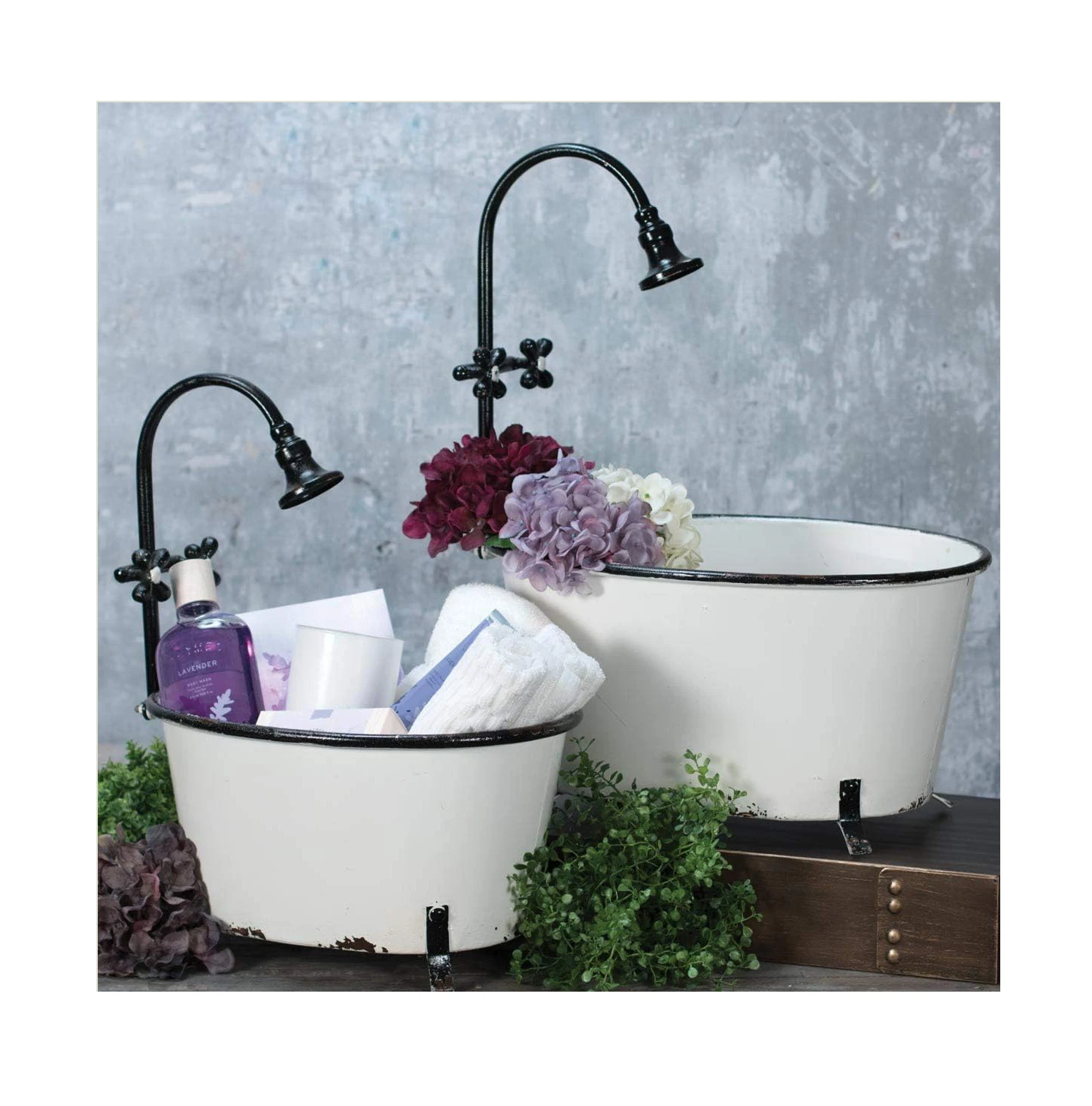 Home and Garden Metal White Black Vintage Antique Bathtub Planters Bucket Set of 2