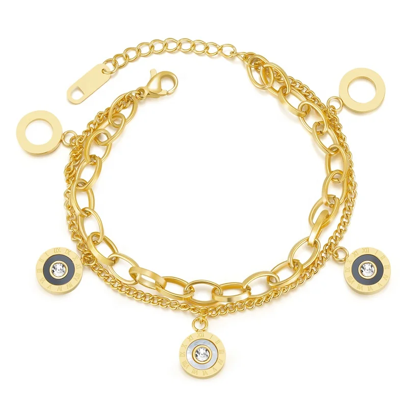 ZhongWen 18K Real Gold Plated Double Layers Adjustable Bracelet 316 L Stainless Steel Cuban Bracelets for Women