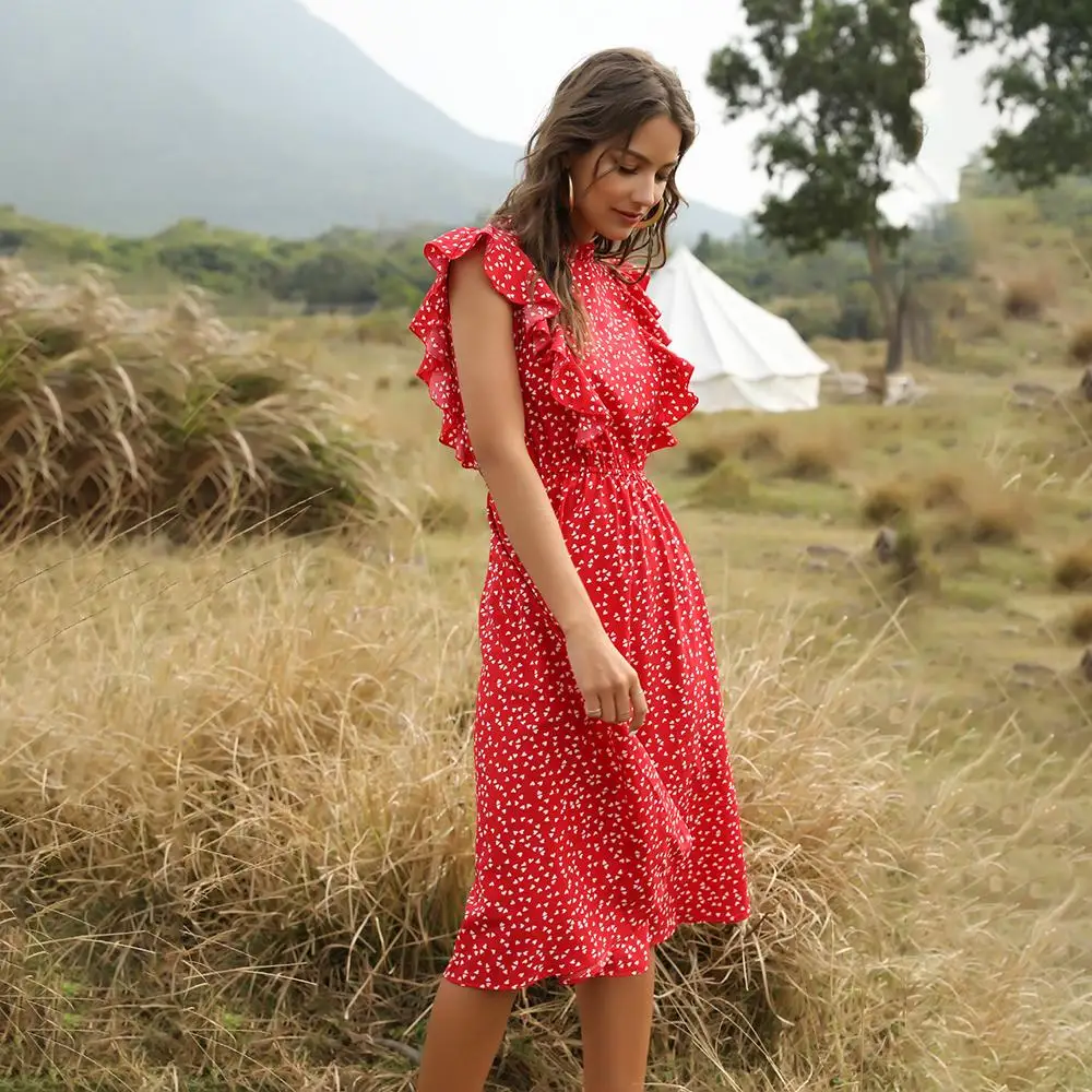  Womens Dress 2020 New Elegant Summer Chiffon Floral Print Ruffle A-line Sundress Casual Fitted Clothes Knees Dresses