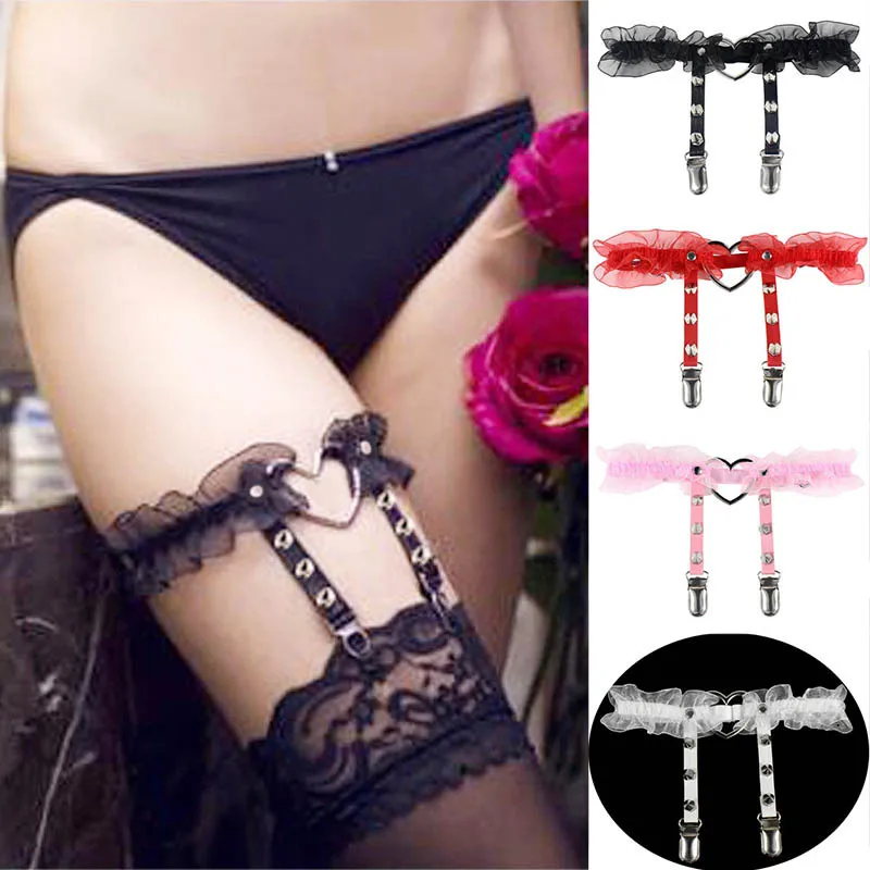 Fashion Women Sexy Black Lace  garter leggings Punk Heart Rivet Leather Suspenders Gothic Leg Garter Belt with Clips