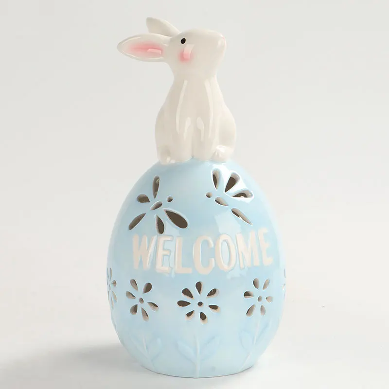 Ceramic Easter Eggs Series Craft Figurines Ornament Easter Egg Style series with LED Light Bunny Statue Luminous Home Decor