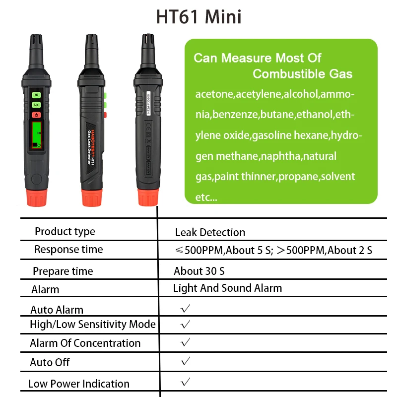 Mini Gas Leak Detector HABOTEST HT61 Combustible Gas Detector LCD Display Fast Response High Accuracy Pen Type