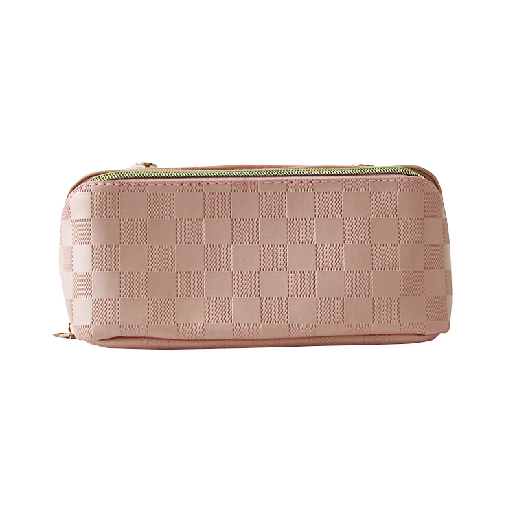 Custom Logo Water Resistant Make Up Travel Cosmetic Portable Handle Checkerboard Pu Makeup Storage Bag Toiletries Bags For Women