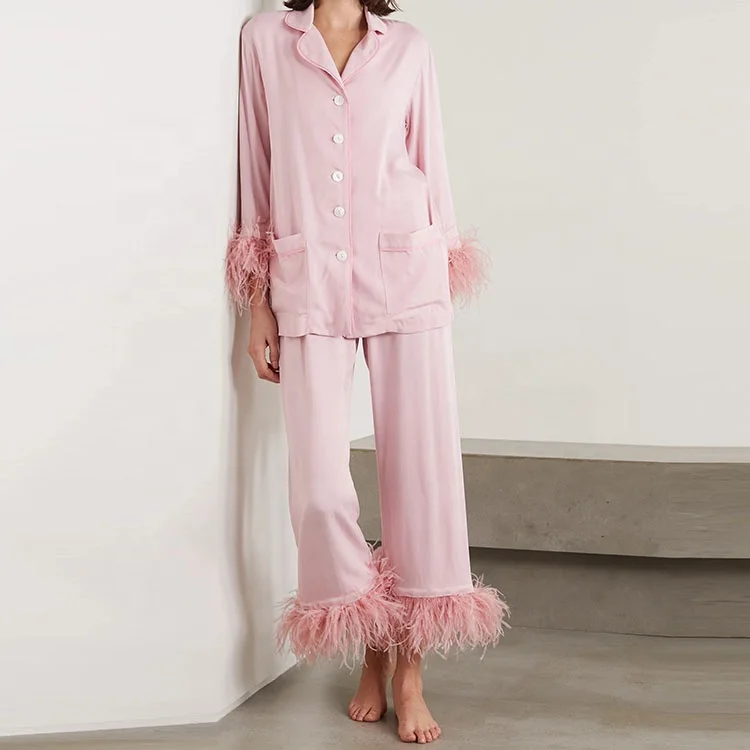 High quality fashion design custom ostrich feather pajamas sets pink feathers pyjama set for women
