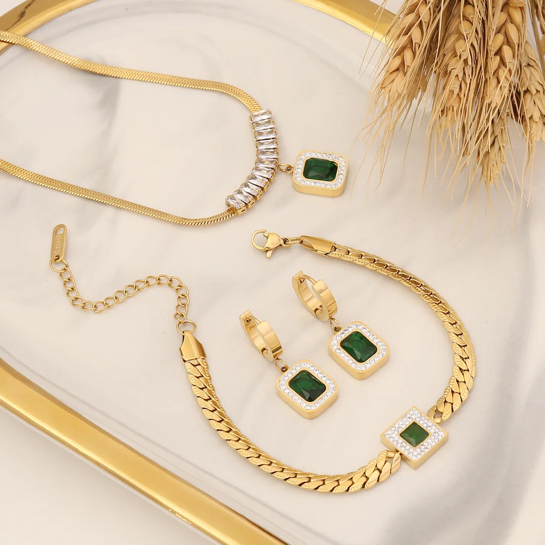 Cube Green Zircon Pendant Gold Plated Necklace Women Stainless Steel Gold Precious Color Chain Necklace 2023 Set Jewlery