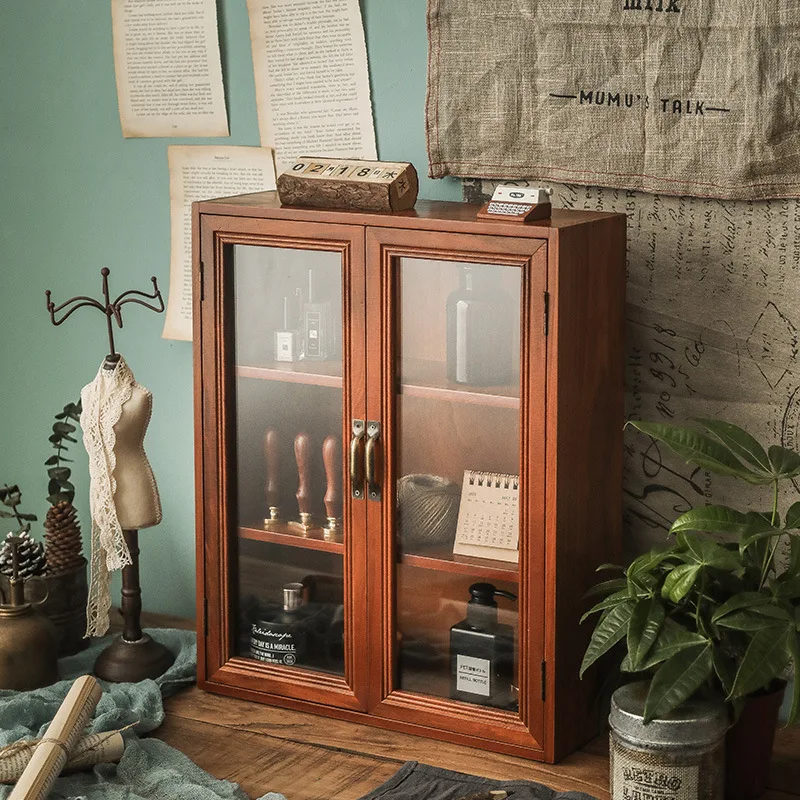 Retro Wood Display Cabinet Desktop Storage Box with Dustproof Glass Door Vertical Cabinet Sundries Jewelry Box For Bedroom
