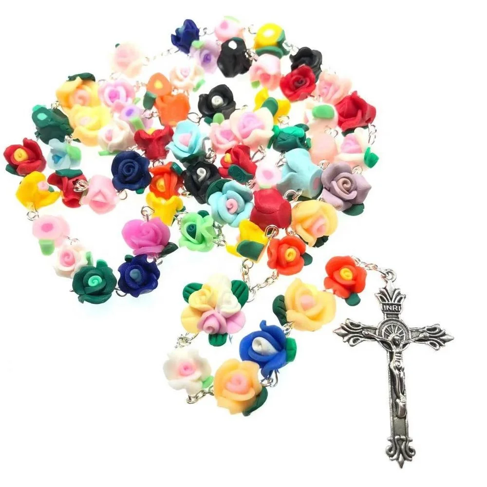 Candy bright colorful Soft Ceramic beads rose flower rosary catholic crucifix Necklace