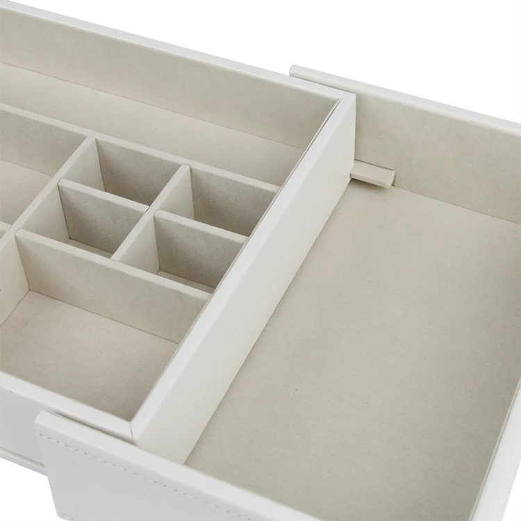 White Leather Jewelry Tray Display Without Cover with Pull-out Ends and Many Compartments