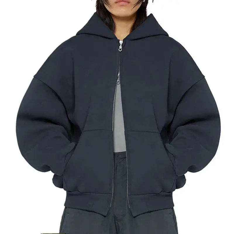 Custom heavyweight cotton drop shoulder vintage washed men 500 Gsm boxy zip up hoodie cropped boxy double zipped hoodie