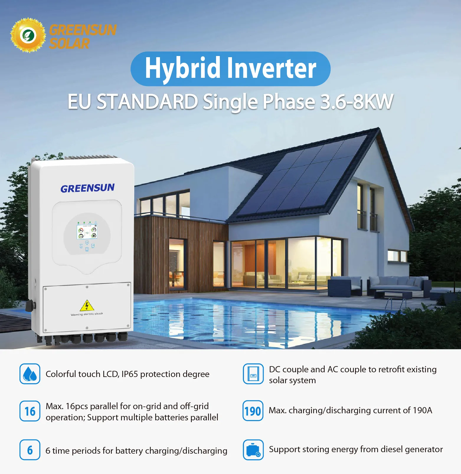 Однофазный Гибридный солнечный инвертор Deye Green Energy 5kw 6kw 8kw 230Vac высокого качества для дома