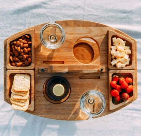 Outdoor Wine Picnic Wooden Table Folding Portable Bamboo Wine Glasses Snack And Cheese Holder Tray For Concerts At Park Beach
