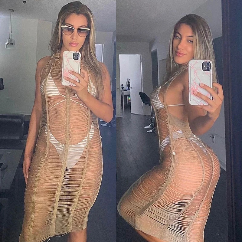 2021 Summer See Through Knit Crochet Dress Halter Plus Size Swimwear Bathing Suit Swimsuit Beach Wear Dress Cover Up