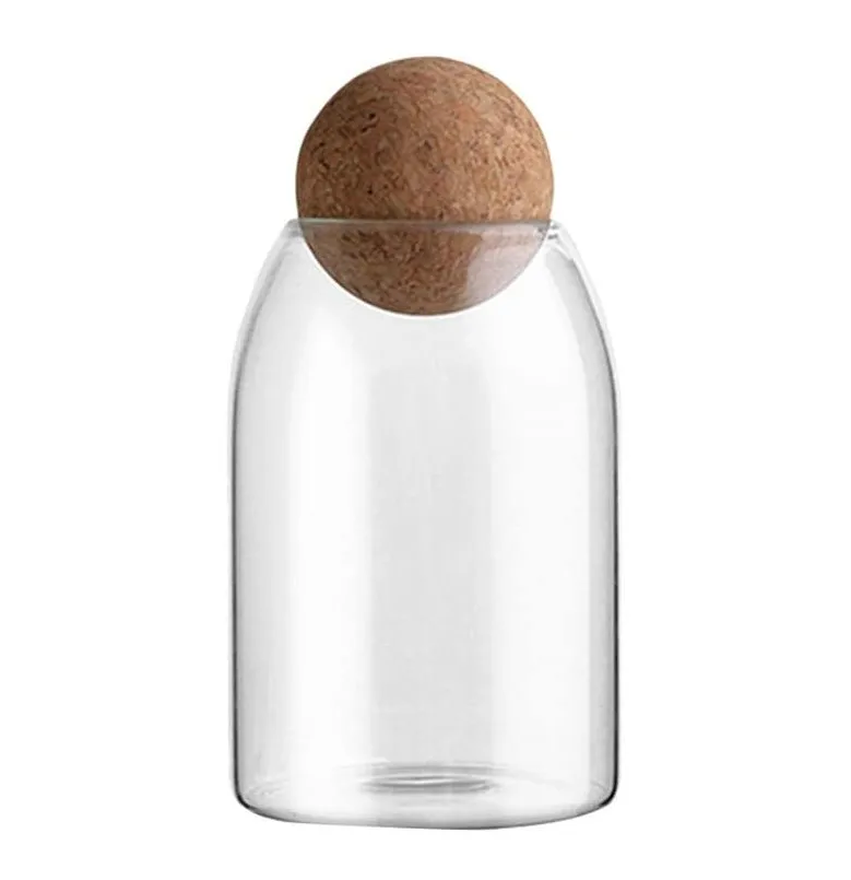 800ML Clear Glass Storage Cute Canister Holder Ball Wood Cork Top