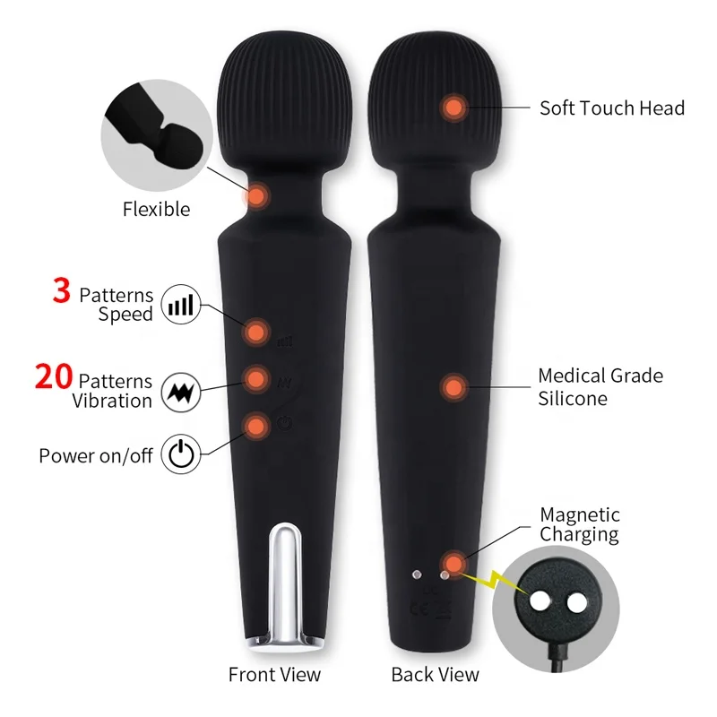 
black color usb rechargeable cordless body massage wand massager 