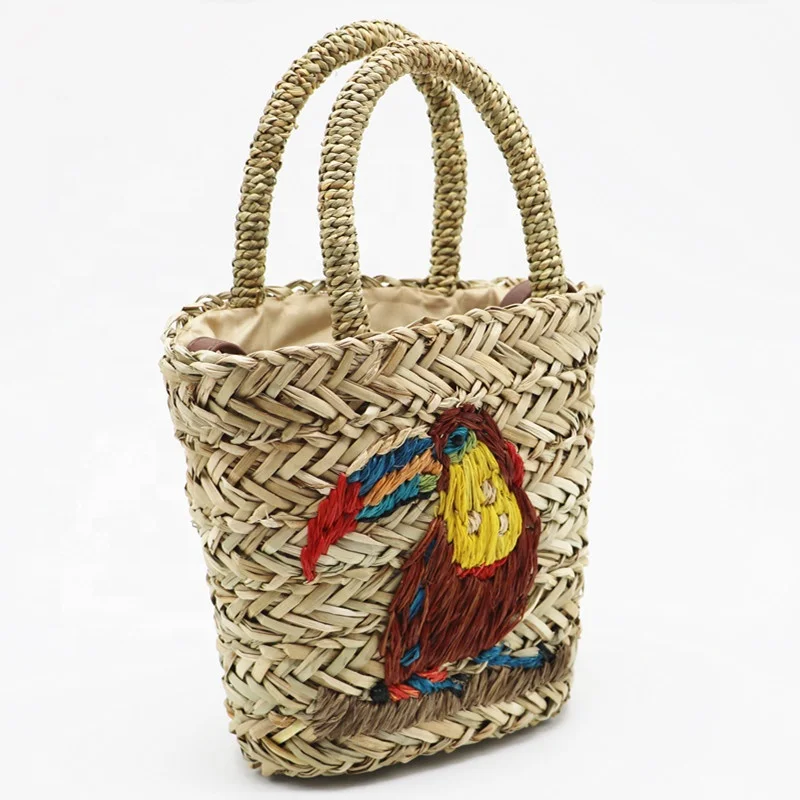 High quality summer straw handwoven handbag beach straw basket crossbody bag with embroidery parrot tote boho bag handmade