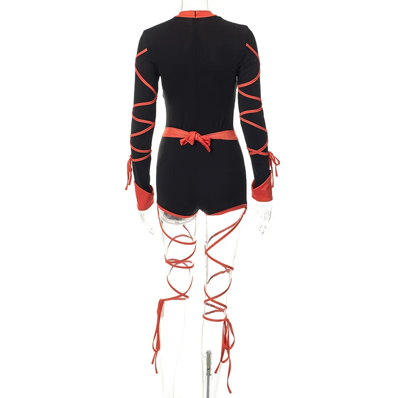 Unique Halloween Costume Jumpsuit Red Bodycon With Dragon Belt One Piece Short Bandage Jumpsuit