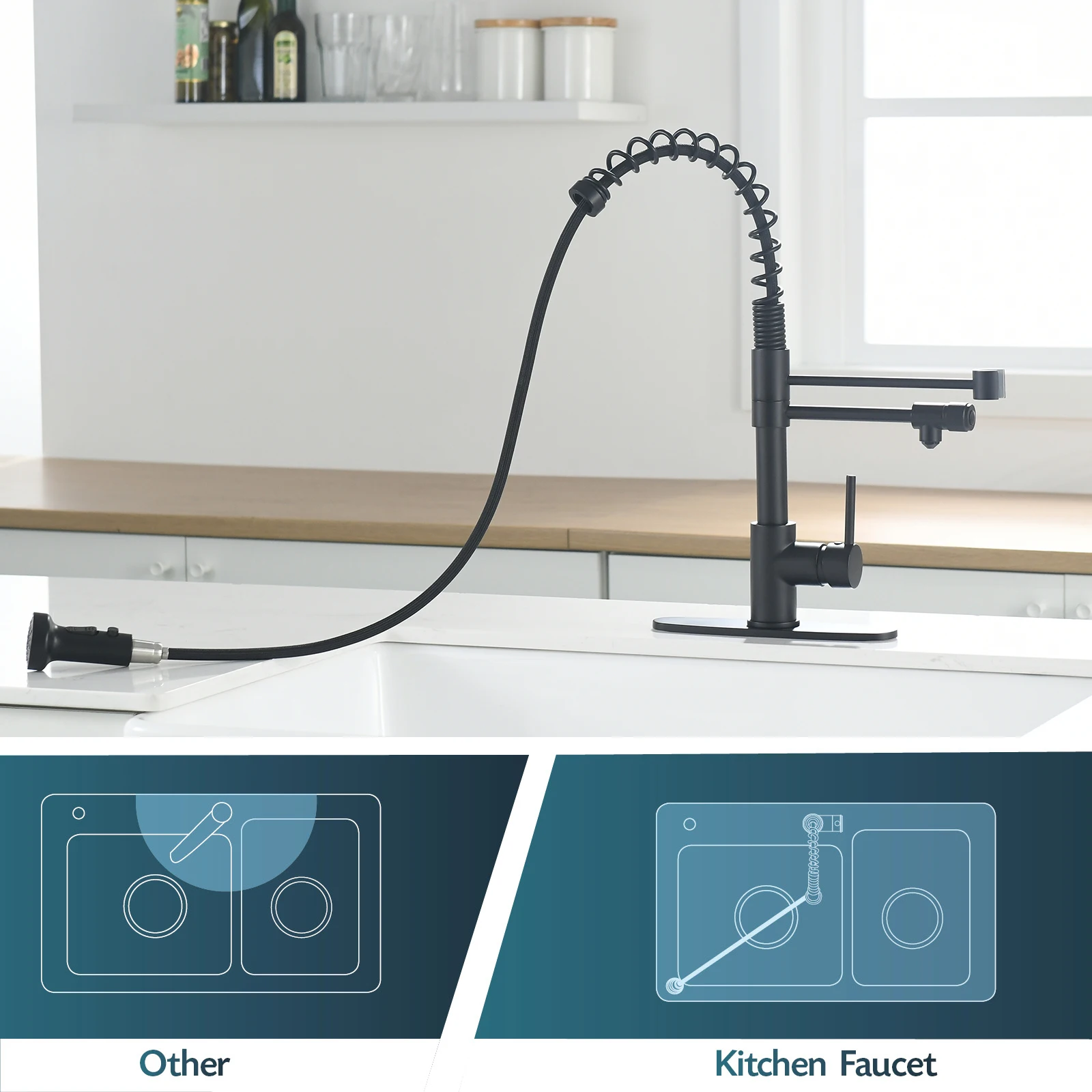 Hot and Cold Water Black Kitchen Sink Mixer Tap Faucet Pull Down Sprayer 3 Way Spring Kitchen Faucet with Purified Water Filter