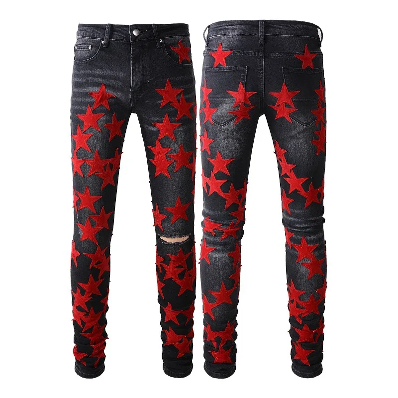 Customization Wholesale Leather Stars Patches Jeans Skinny Stretch Denim Pencil Pants Holes Ripped Patchwork Tapered Trousers