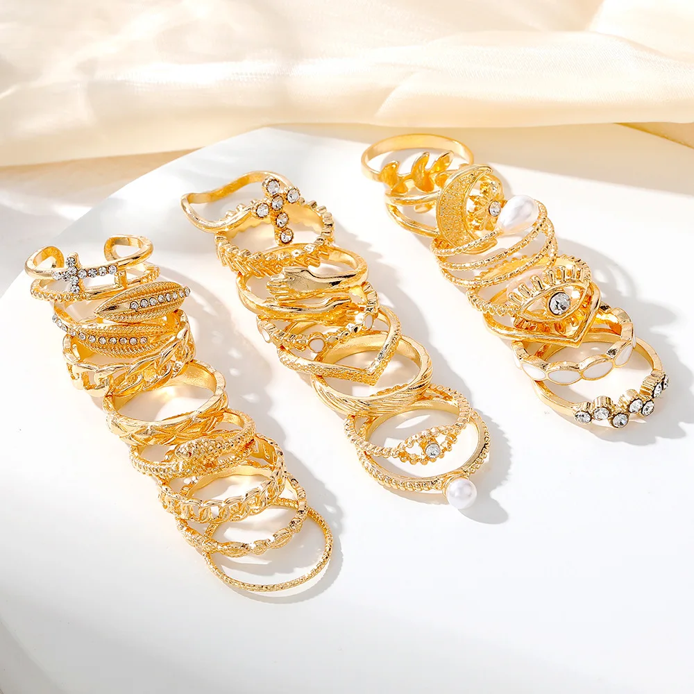 Hot diamond eye cross leaf ring multi-articular 23-piece pearl sun and moon ring