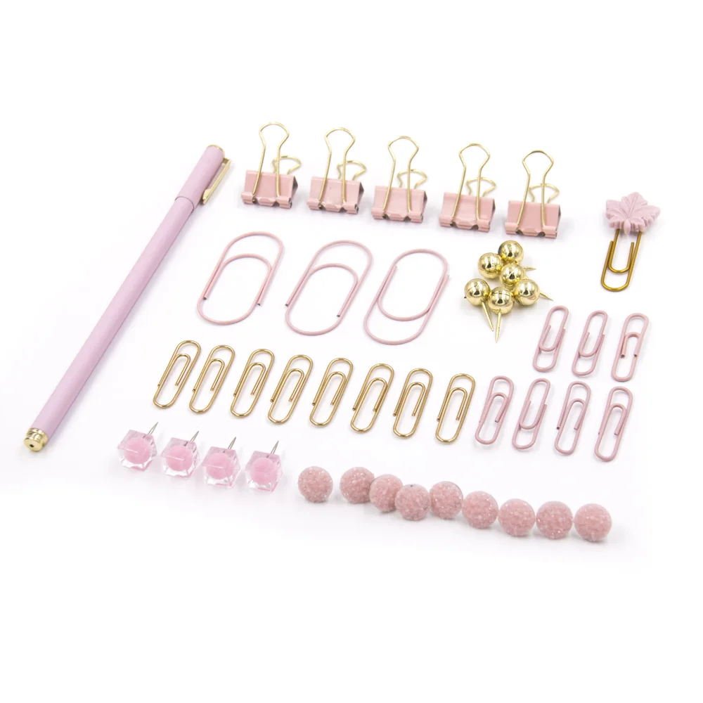 Pink Novelty and Exquisite Stationery Gift Set Heart Shape  Push Pin Maple Shape Paper Clip Binder Clip Memo Note