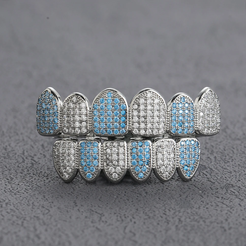 G034 Bling Top 6 Botom Tooth Grilz синий и прозрачный камень CZ для мужчин женщин