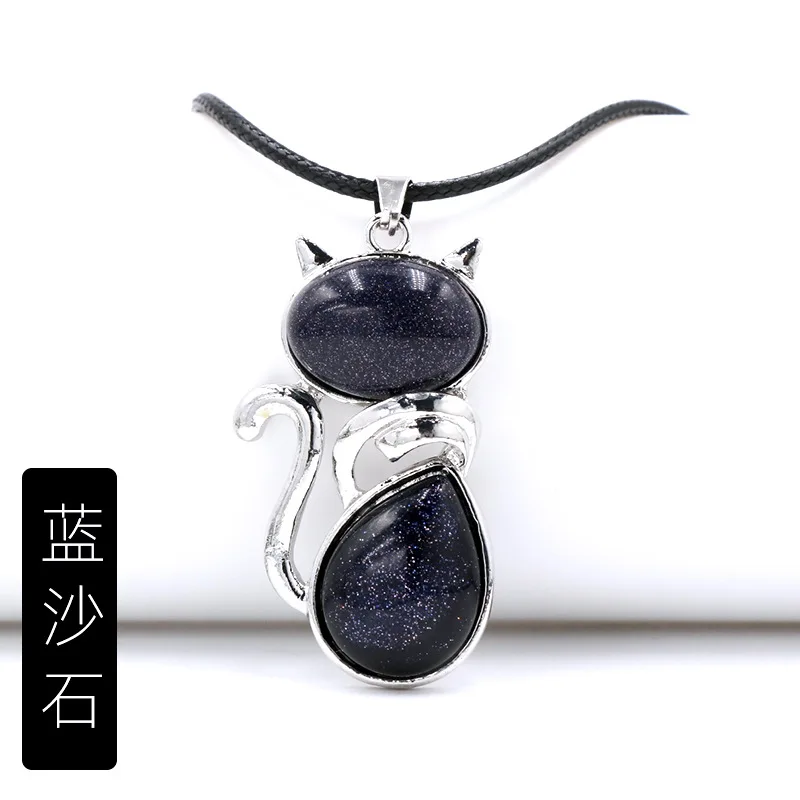 Natural Stone Pendant Cat Healing Crystal Necklace Animal Energy Chakra Amulet Handmade Jewelry For Women Girls