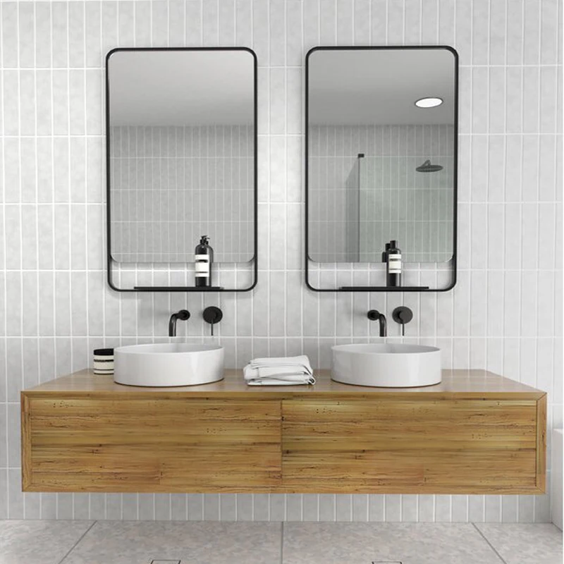 
designer framed black metal mirror with storage for wall decoration 