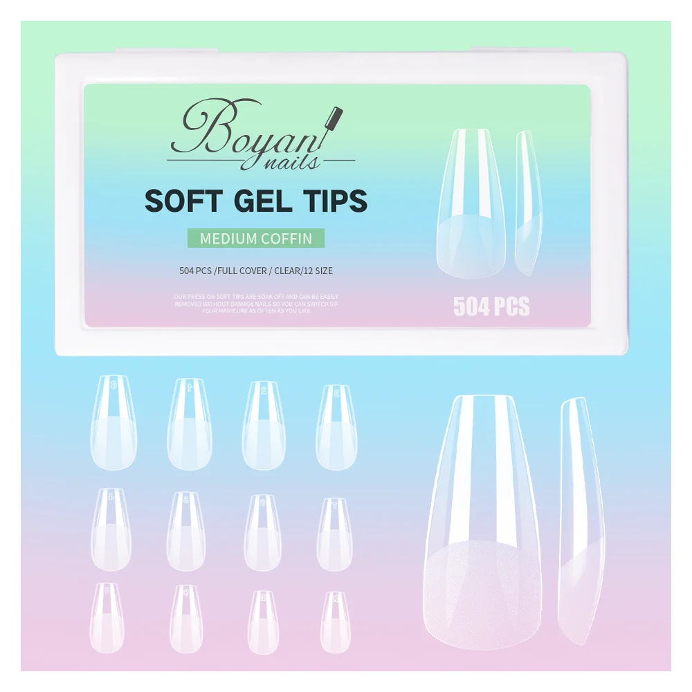 Wholesale Private Label Artificial Gel X 504Pcs Square Coffin Fingernails Duck 12 Sizes Full Cover Nail Supplies