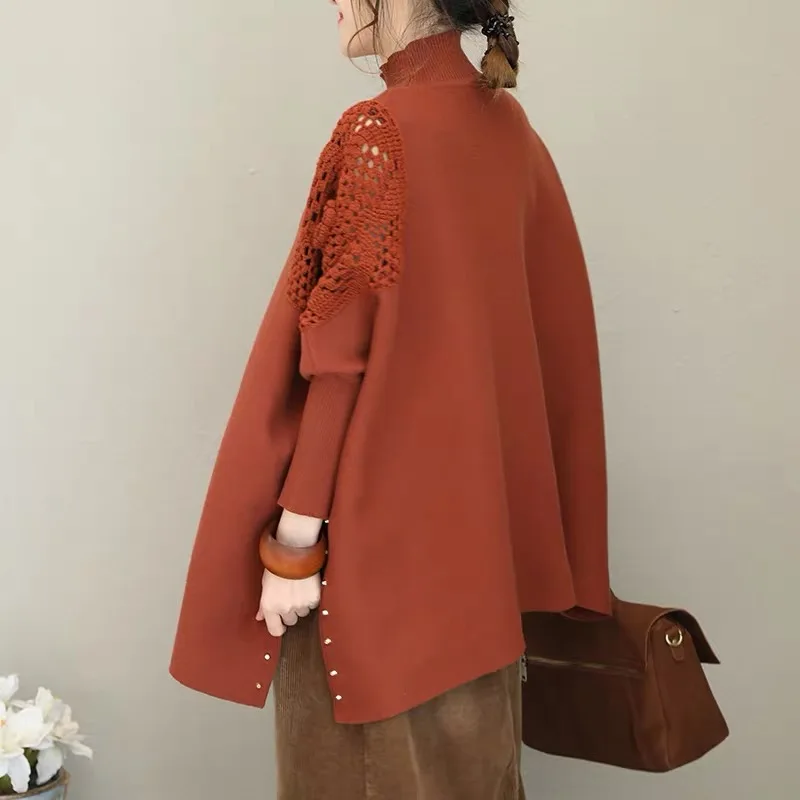 Wholesale shoulder lace string floral sweater customized hollow out pullovers cape shawl women