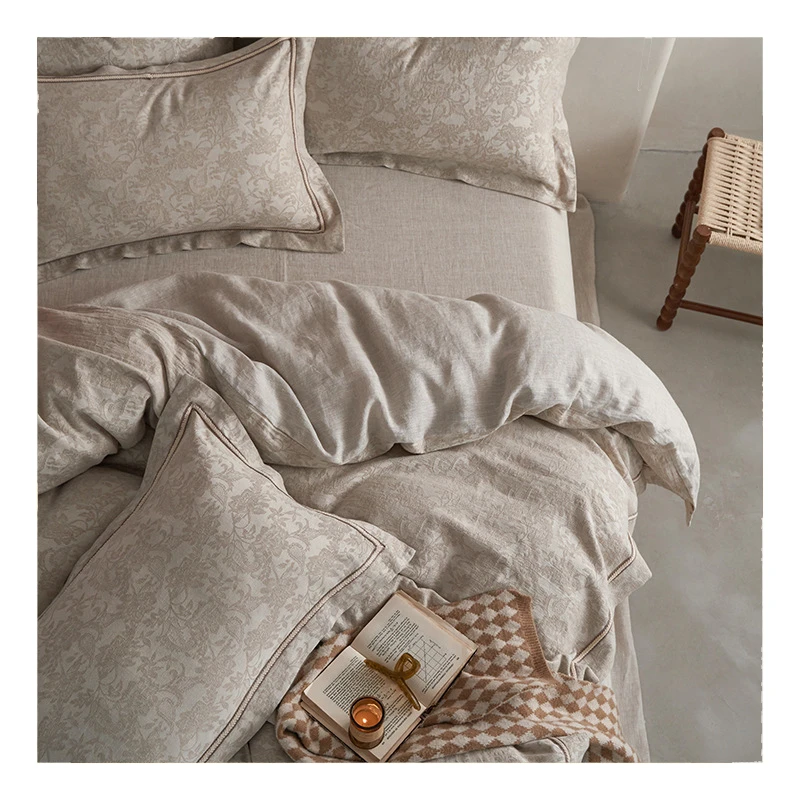 Japan Pure Linen Bedding Sets Queen King Size Embroidery Duvet Cover Flat/Fitted Sheet Bed Linen Hotel Style Home Textiles
