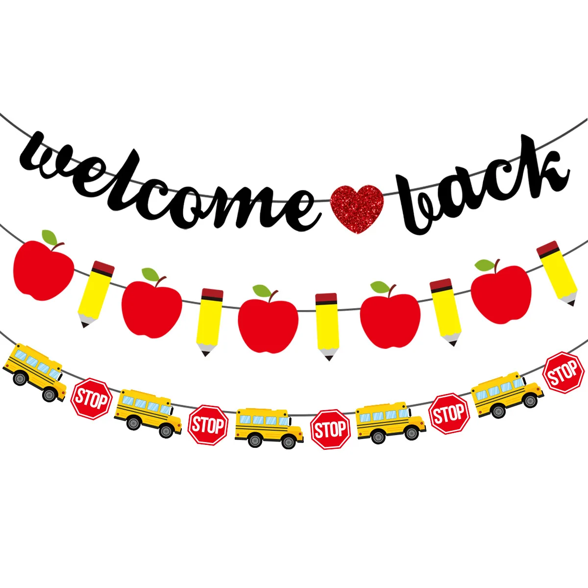 The back-to-school season school classrooms are decorated with Apple school bus pencil banners and welcom banners