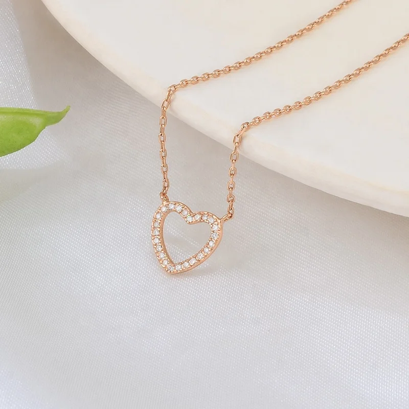 Simple Design Hollow Small Dainty Heart With  3A Zircon Stone 18 k Gold Plated 925 Sterling Silver Necklace Jewelry