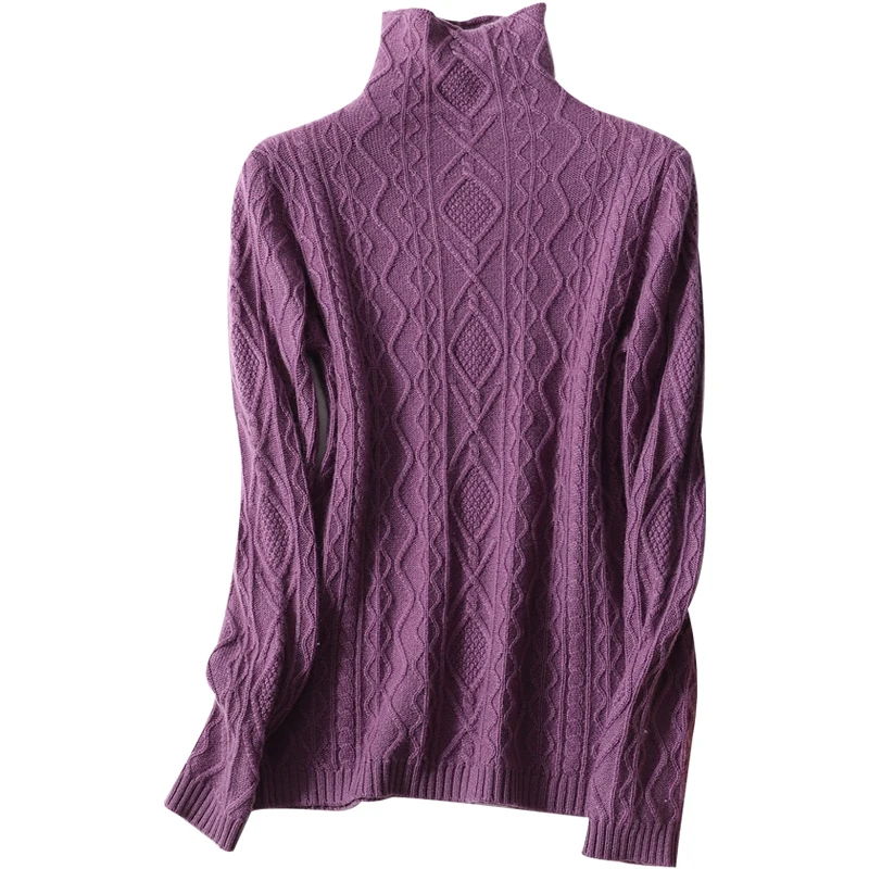 Модный зимний женский вязаный жаккардовый свитер с высоким воротником из 35% кашемира и 65% мериносовой шерсти