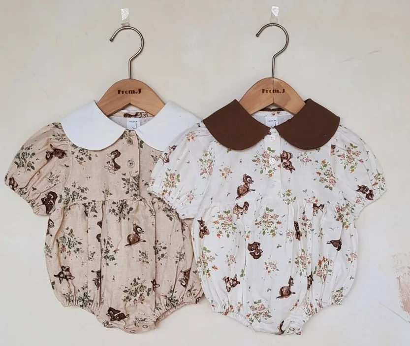 Cotton Baby Girl Children Thin Cotton Soft Cute Fawn Lapel Jumpsuit  Climbing Suit Newborn Print Short Sleeve Climbing Suit