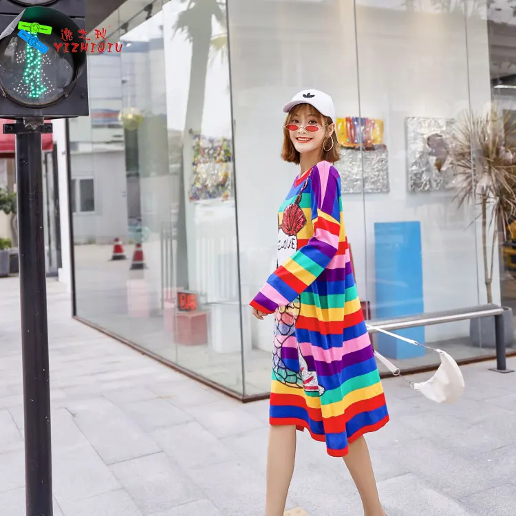 YIZHIQIU casual sequin mermaid rainbow striped winter women long sleeve sweater dress 2019