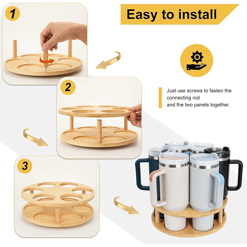 360 Rotating Cup Holder Bamboo Water Bottle Organizer for Stanley 14/20/30/40 oz Tumbler Kitchen Storage Organizer Accessories