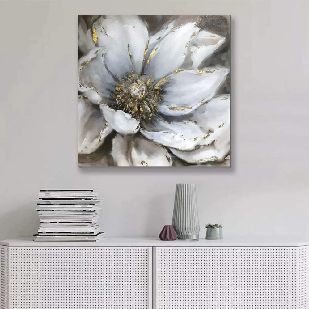 Living Room Bedroom Decor Large Black And White Flower Dark Grey Gold Floral vintage oil painting pictures of flowers