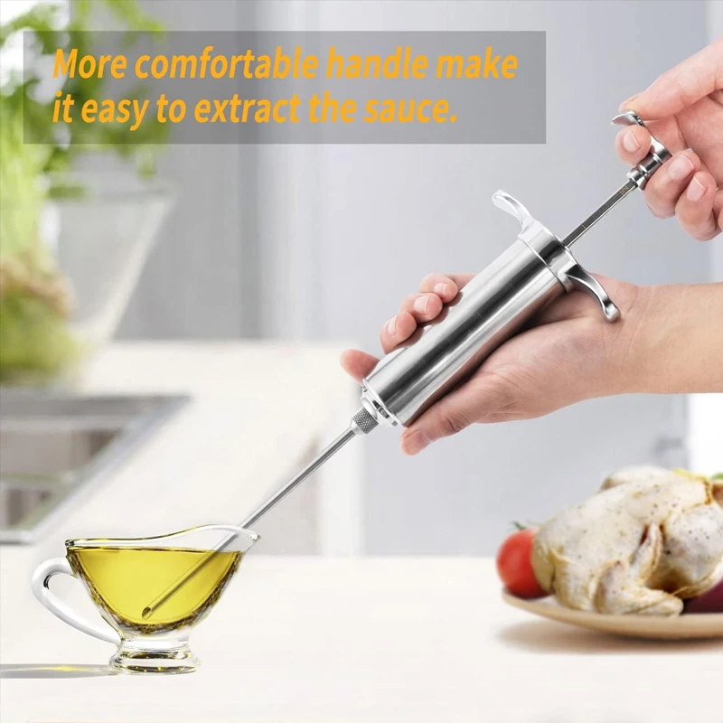 2 oz BBQ Meat Injector Syringe Seasoning Marinade Injector with 3Needles Kitchen 304 Stainless Steel Turkey Baster Meat Injector