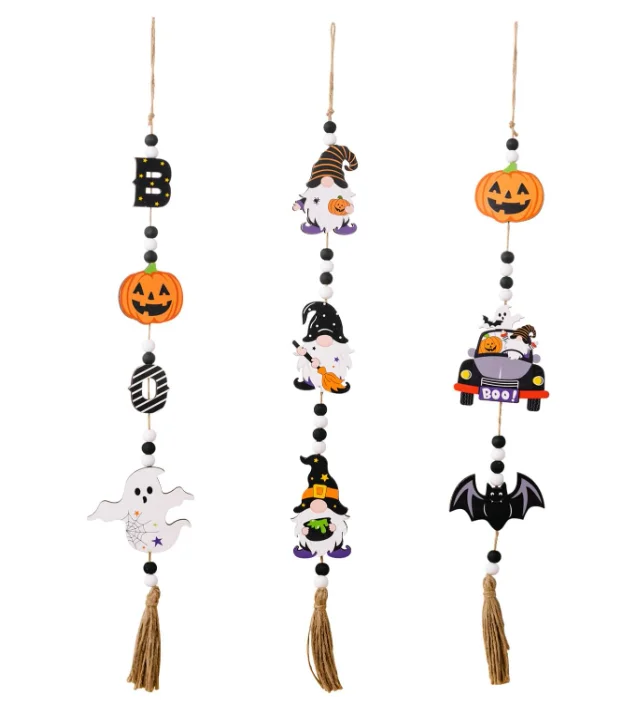 Halloween Wooden Bead Signs Trick or Treat Wood Bead Fall Garland Tassel Pumpkin Bat Ghost Tag Boho Ornament Wall Hanging Decor