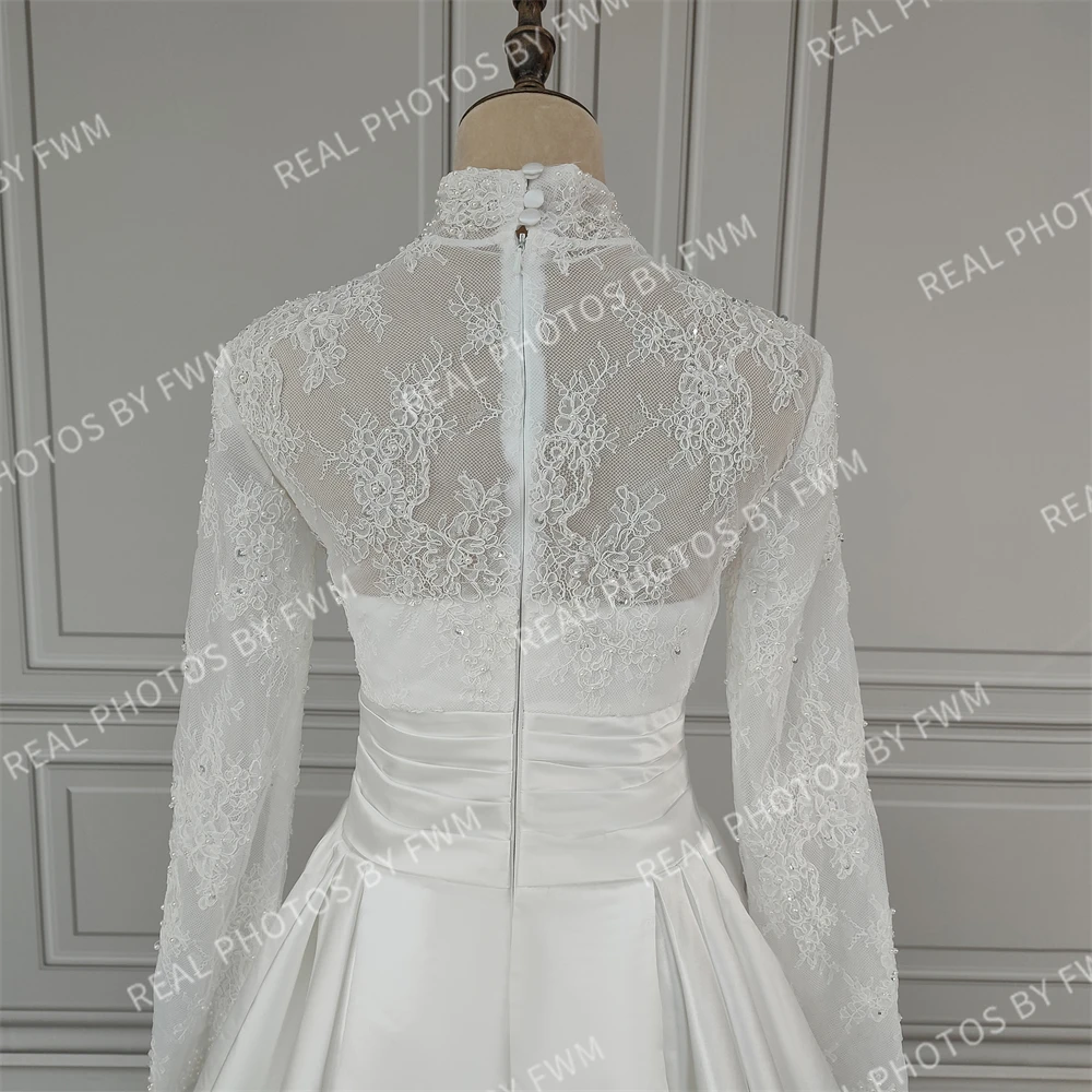100% Real Photos Muslim Dubai High Neck Long Illusion Sleeves A-line Wedding Dress With Pearls Beaded Lace Bride Gown For Women