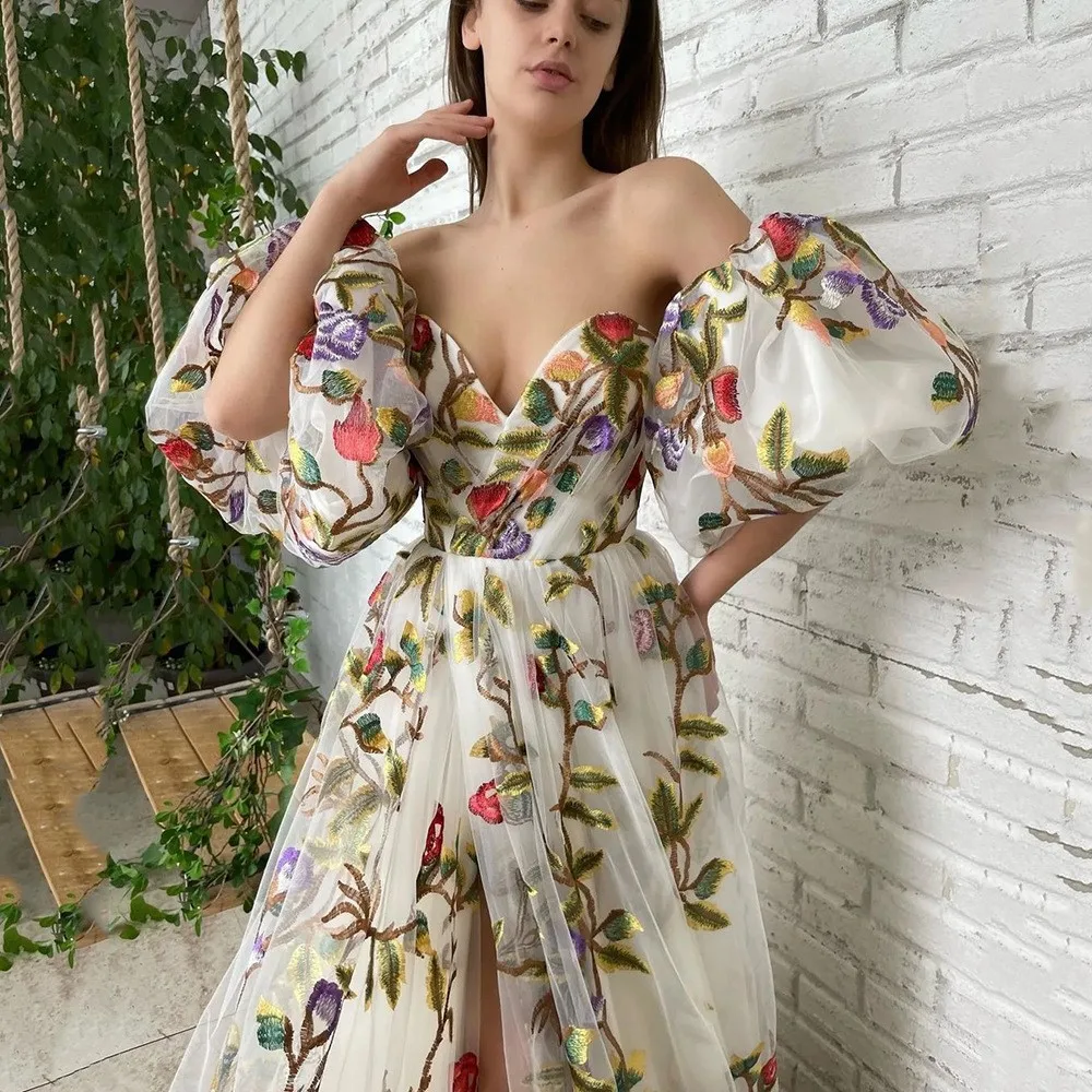 Lovely party show off shoulder long bazin riche dresses embroidery flower dress puff sleeve dress