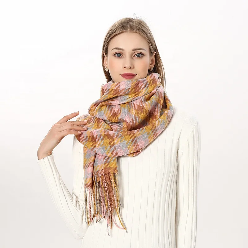 Wholesale Manufacturer Long Thick Scarf Best Skin Friendly 200*70cm Lattice Shawls Polyester Colorful Plaid Scarfs With Tassel