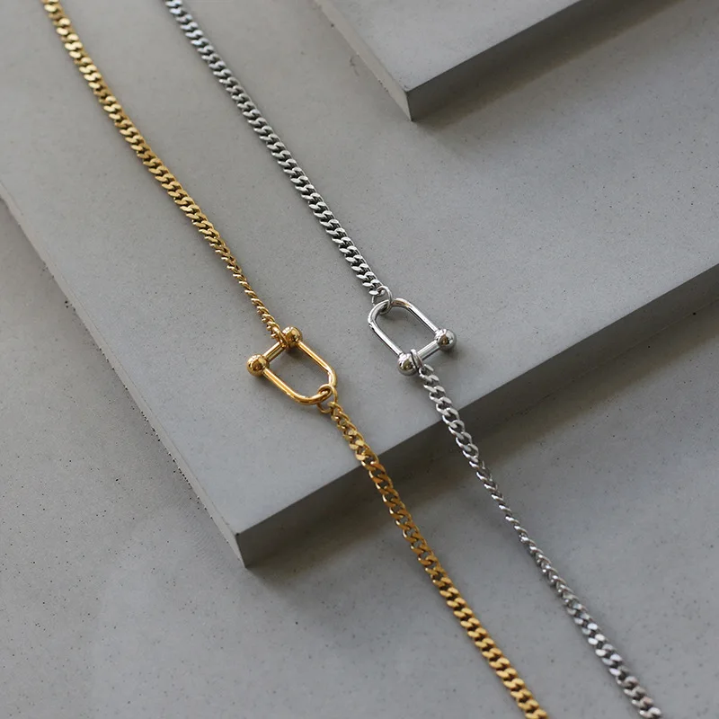 Titanium Steel U Shape Shackle  Horseshoe Buckle Necklace Metal Hoop Locking D-Ring Stainless Steel Cuban Chain Necklace