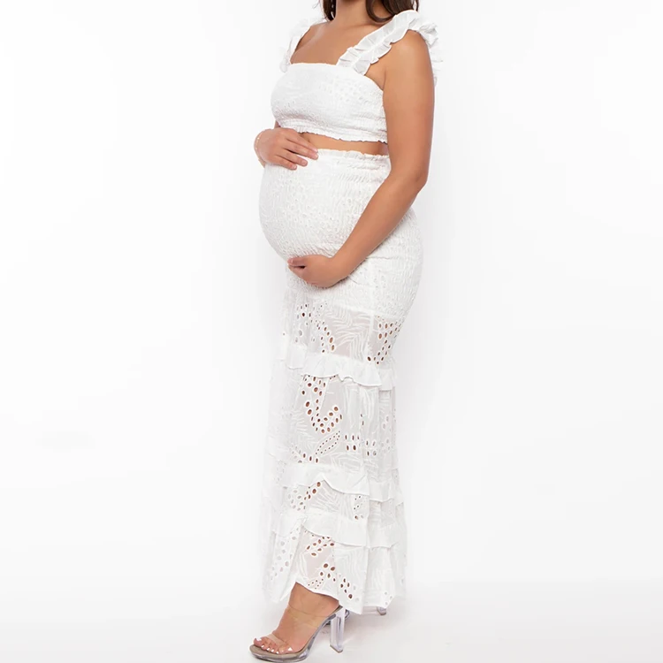 Custom maternity casual cotton hollow out dresses women pregnant clothes two piece eyelet skirt