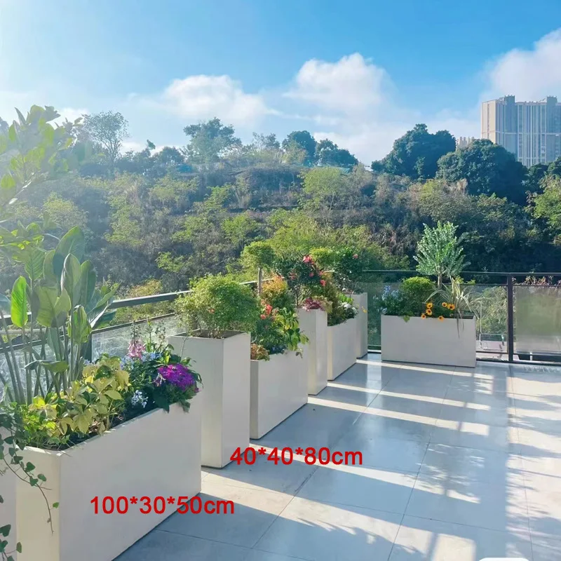 Modern Large Rectangular Plant Pot, Nordic Simple Big Fiberglass Planter Box, Garden Outdoor Fiber Clay Floor Vase