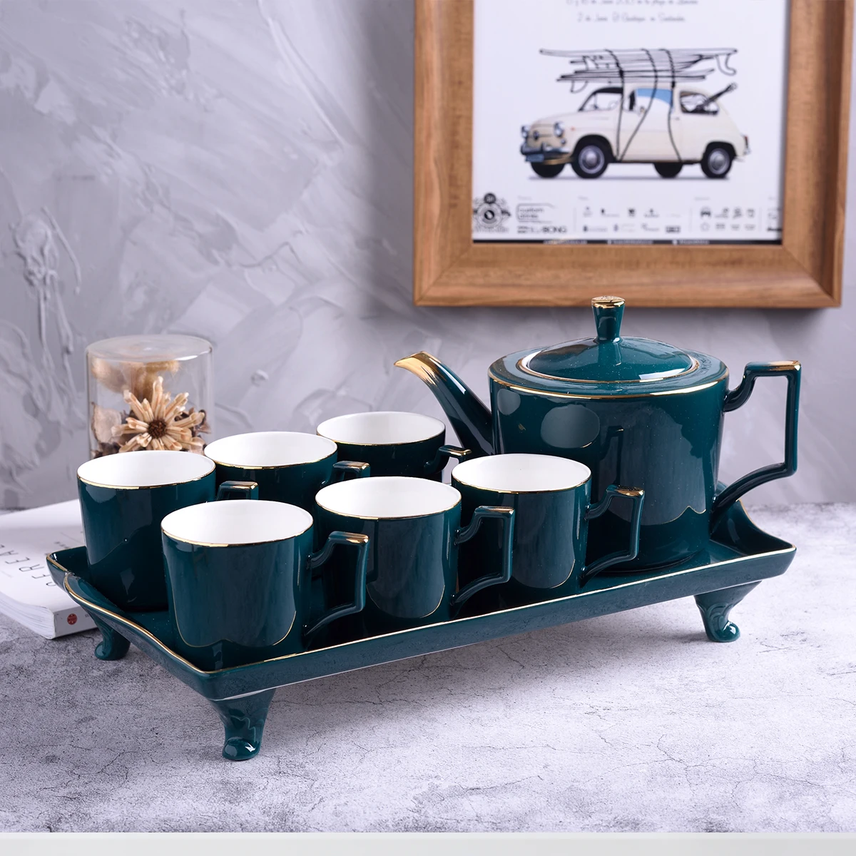 Luxury 8pcs Porcelain Coffee Tea Set With Gold Decor Ceramic Tea Pot And Cup Set