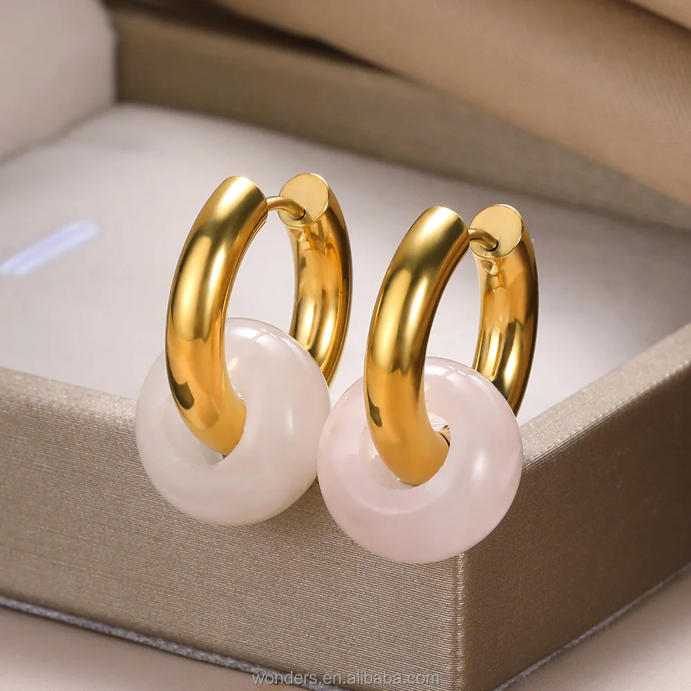 Iridescent Natural Stone Donuts Hoops Earrings With Stainless Steel Hoop Girl Earrings For Women Hypoallergenic Jewel