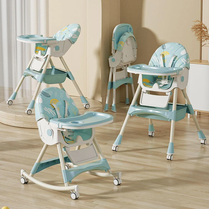 High Quality Baby Products Plastic Portable Folding Dinning Chair For Kids Feeding Cute Baby Rocking Chair With Universal Wheel